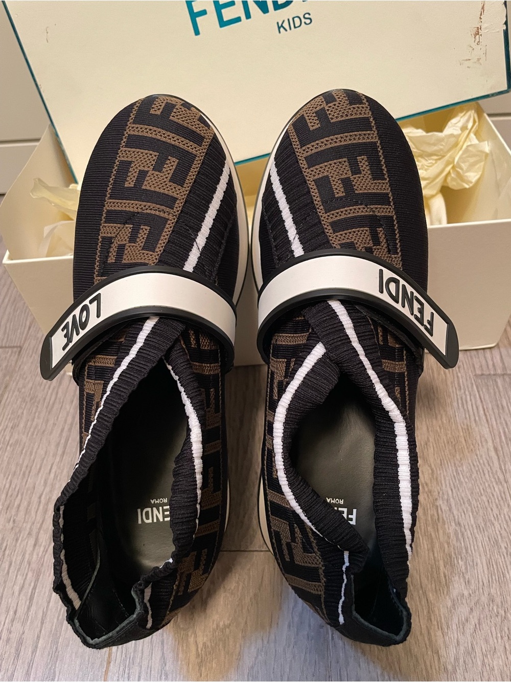 Fendi Kids Black, Brown & White Logo Slip-On Sneakers with LOVE Strap